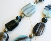 Pollock Necklace (Blue/Black) - Black Agate, Pyrite, Pale Blue Zebra Amazonite, Silver, Antique Brass
