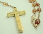 Hessonite Garnet Anglican Rosary Hand Wrapped 14K Gold Filled Links Vintage Goldtone Etched Cross