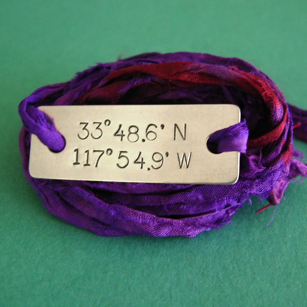 Sari Silk Wrap Bracelet Stamped with Latitude & Longitude Coordinates -GPS