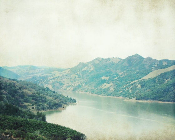 Lake photography - Green aqua blue decor wall art dreamy lake landscape forest fine art photography mist fog 8x10 - Above the lake