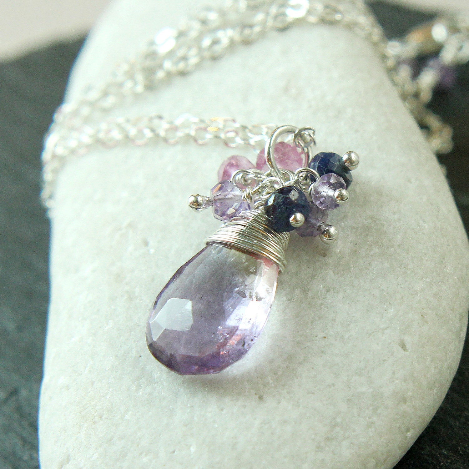Gemstone Necklace - Ametrine - Sapphire - Amethyst - Sterling Silver - Cluster - Wire Jewelry -  Handmade Jewelry