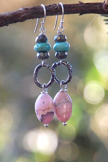 Pink  Earrings, hoop, turquoise, gift for her, rustic style