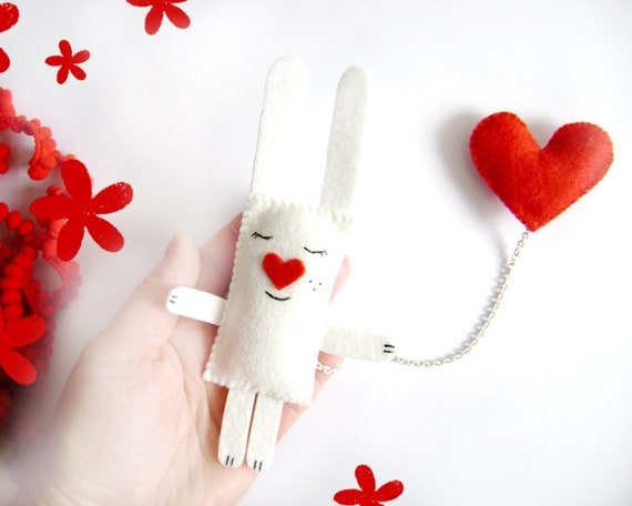 Bunny Brooch - White Bunny Red Heart. White Bunny Brooch.