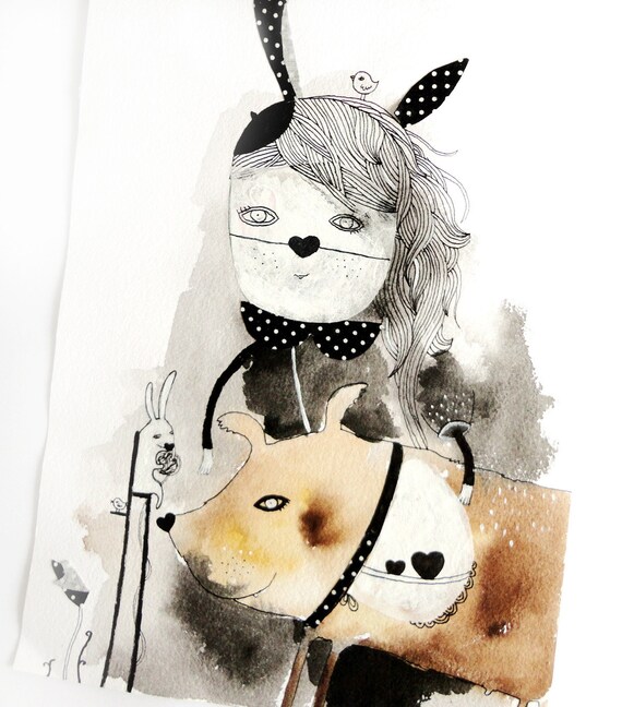 Original Girl Illustration - Saturday. Weird art. Girl and dog. Watercolor. Home decor.