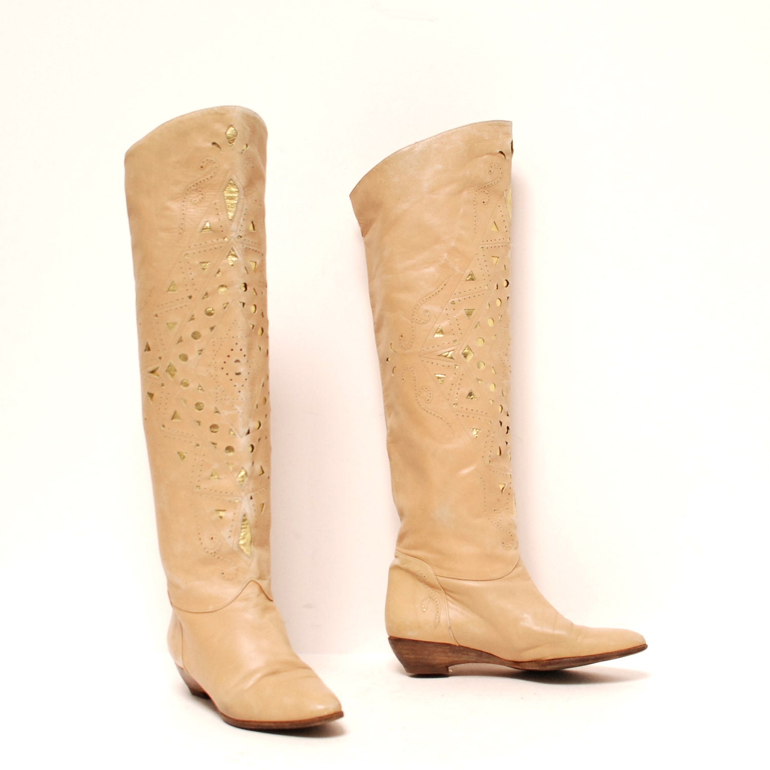 size 6 SOUTHWEST tan leather 80s BOHEMIAN gold inlay knee high TALL boots