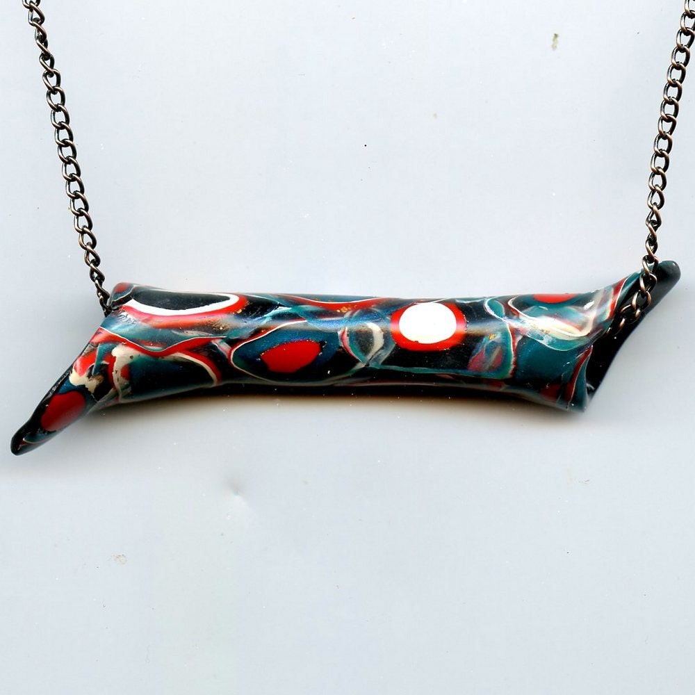 Tube Necklace - Green, Orange, Black - Polymer Clay