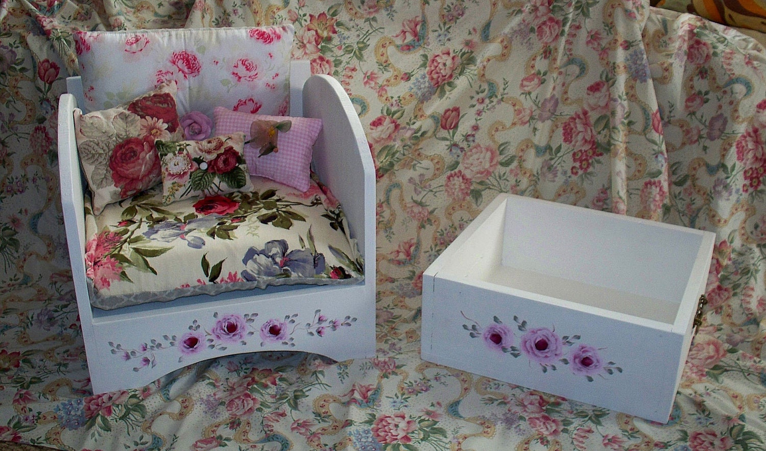 Dog Bed,Cat Bed,Designer,Toy box Included,Shabby Chic Handpainted Roses,Handmade Pillows,Orthopedic Memory Foam Pillow,Wood,Hand Painted