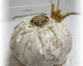 Jewelry holder Crown French roses and Lace vintage jello mold PIN keep or CUSHION shabby cottage chic
