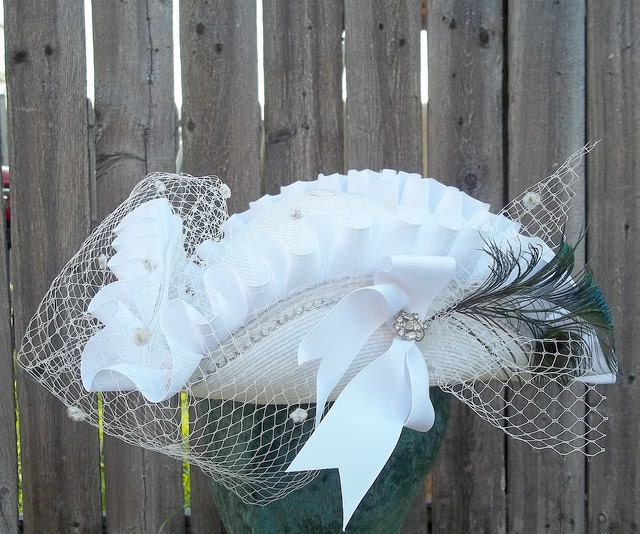 Pirate Hat White Wedding Bridal Hat with Veil and Feathers - Custom Order