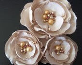 THREE BLOOM fabric flower brooch  corsage pin in deep ivory shantung with pearls