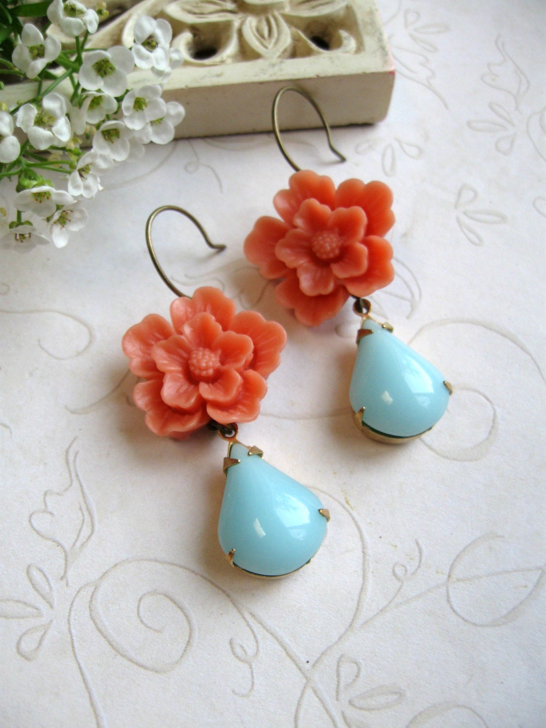 Orange flower earrings, vintage blue glass teardrop dangles, cottage chic