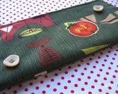 Zipper Pouch.  Green Atomic Barkcloth Pencil Case Cosmetic Bag