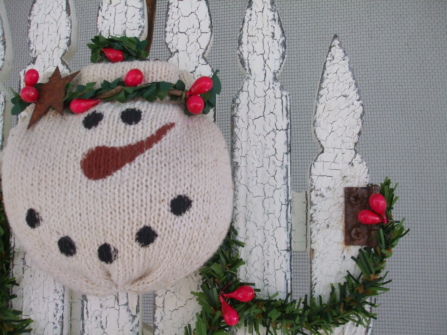 Snowman Door Art  Picket Fence Gate Garland Berries