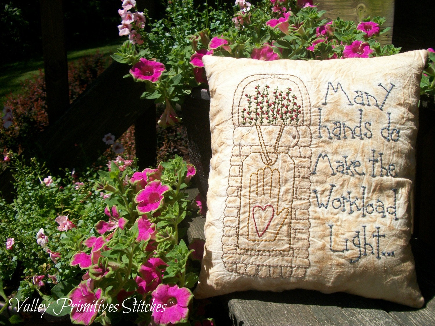 Decorative Pillow,  Hand Stitched,Many Hands Make the Workload Light, Heart in Hand, Primitive, Basket