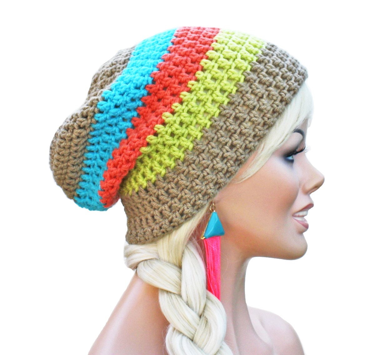 Neon and Beige Crochet Slouch Beanie- Ultimate Slacker Striped Beanie Hat