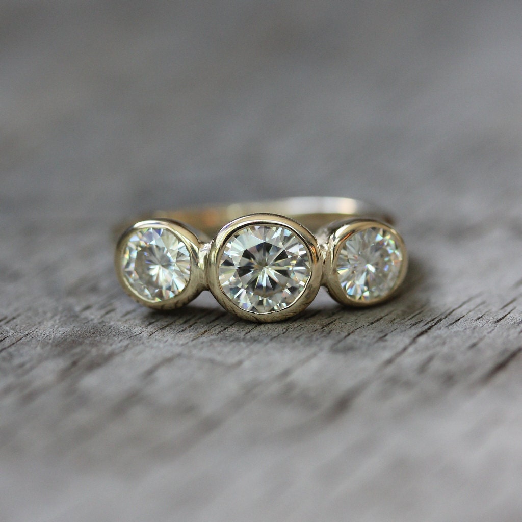 Size 7 Ready To Ship, 14k Gold and White Topaz Three Stone or Engagement Ring, Made to Order