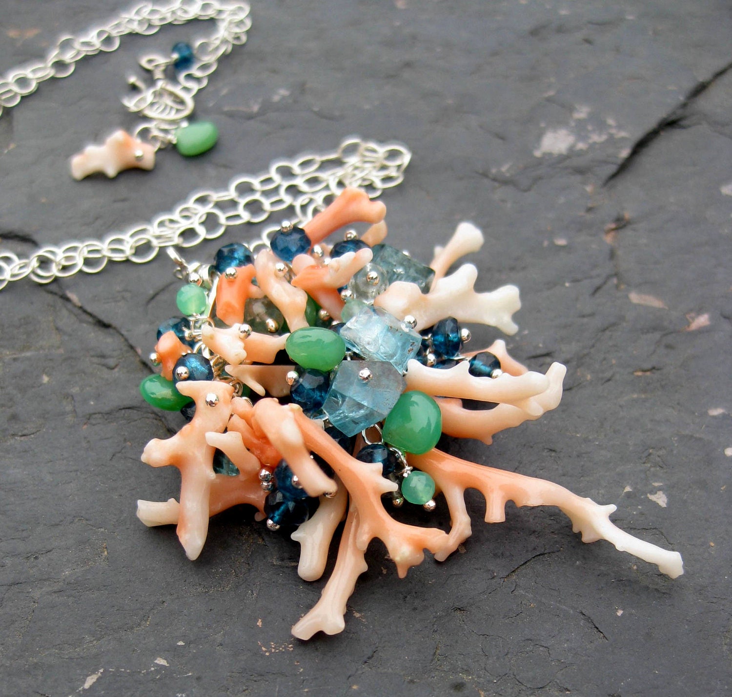 Vintage angel skin coral necklace aquamarine london blue topaz sterling silver branch cluster dangle gemstone mermaid bride -Magdalaine-