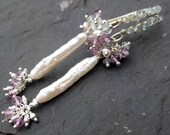 Biwa pearl earrings sterling silver aquamarine amethyst seed pearls mermaid style flapper gemstone bridal jewelry --Sea Flower--