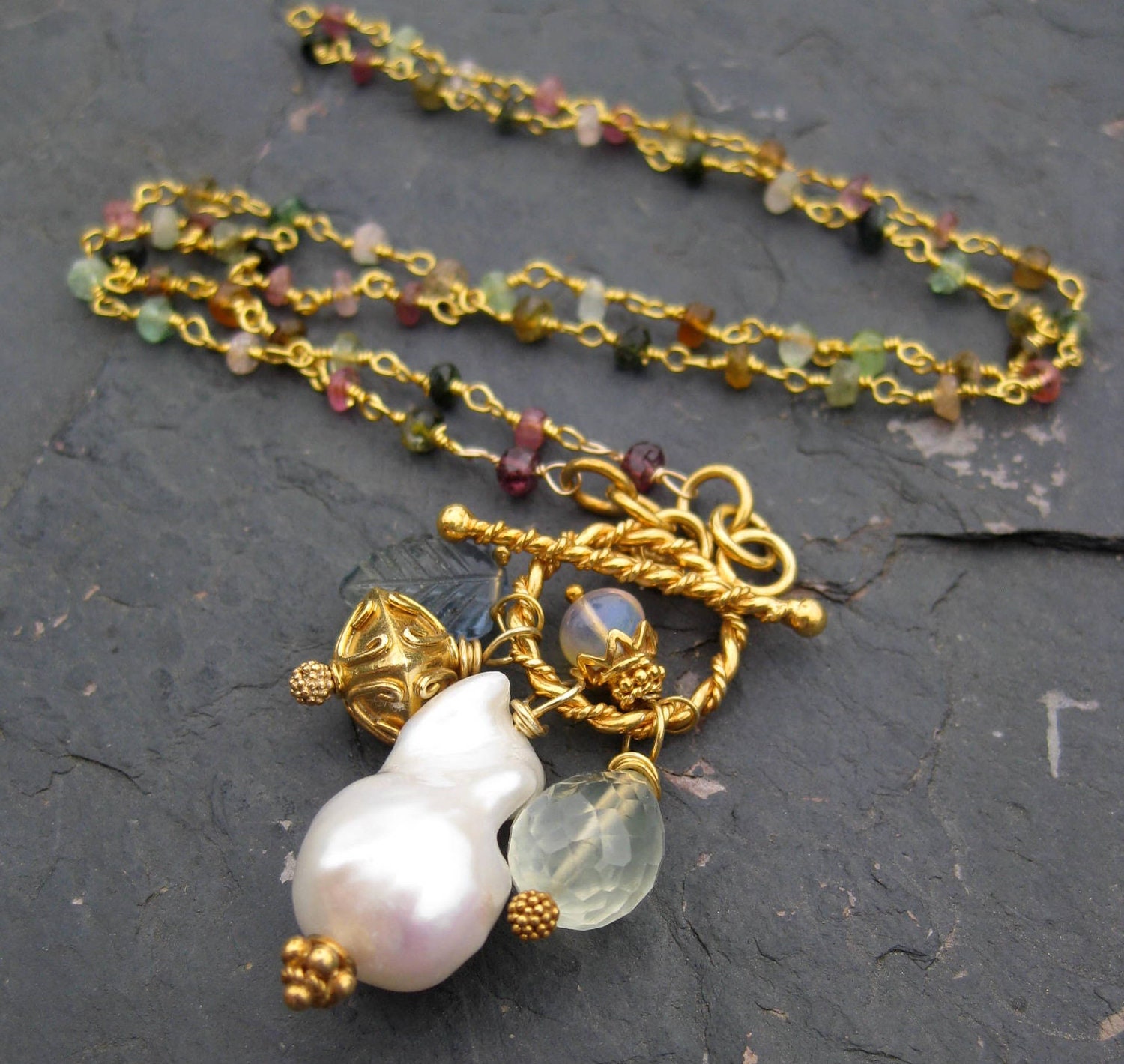 Baroque pearl necklace tourmaline necklace in 14k gold fill opal gemstone chain mermaid jewelry clasp in front --Cygnet--
