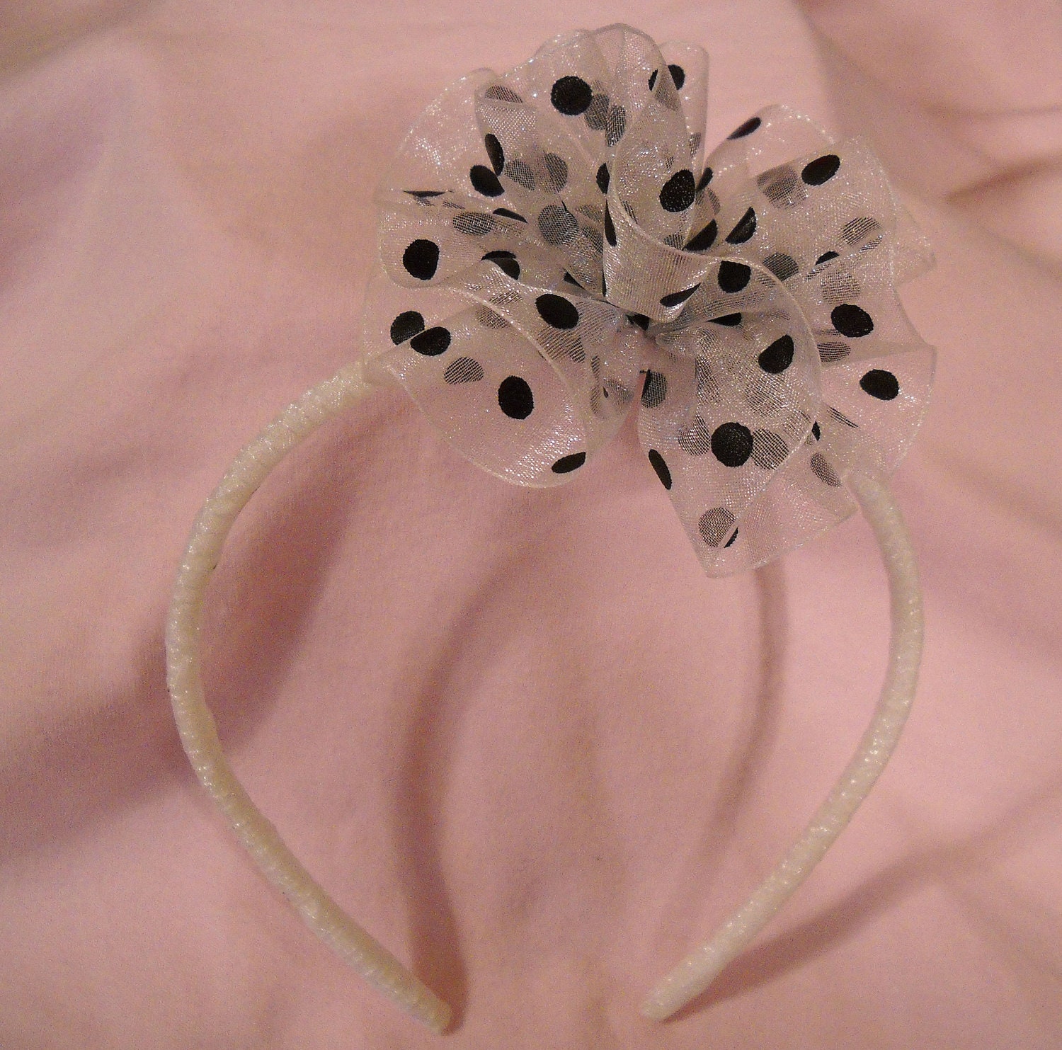 White and Black Polka Dot Puff on Ribbon Wrapped Headband