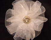 White Sheer Flower Hair Clip with Irridescent Crystal Center