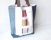 Ladies Grocery Sack - Recycled Denim Fabric Patchwork Vegan Purse - Womens Shabby Chic Useful Art Tote Bags - Handcrafted College Girl Gift