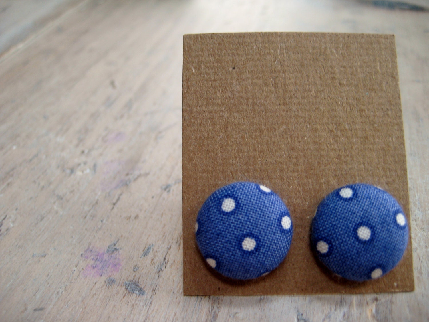 button earrings - denim color with white polka dots