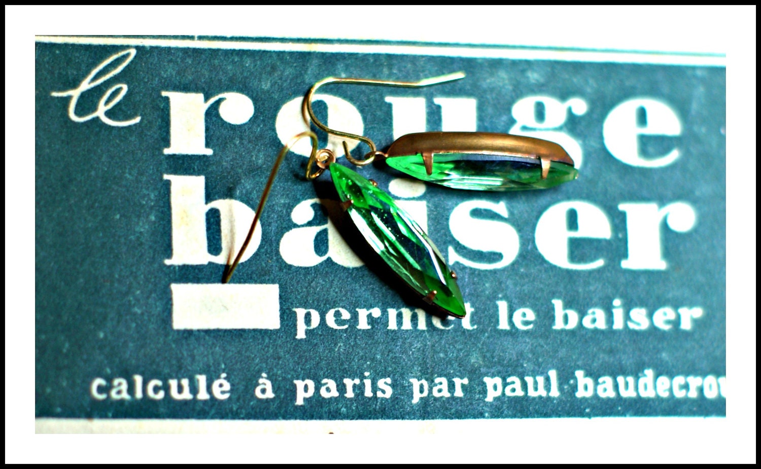 Green Drop Earrings - Vintage Glass Vitrail Peridot Green