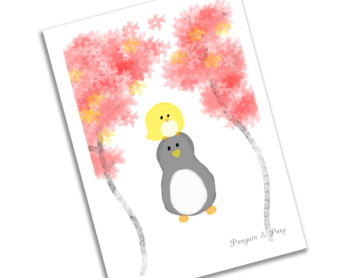 Set of 6 Blank Note Cards- Penguin & Peep Friendship Love Cherry Blossoms