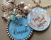 Teacher Gift  PERSONALIZED Name -Teach, Love, Inspire  -Special Teacher Charm, Damask -  Christmas gift, apple charm