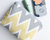 Cosmetic Bag, Yellow Grey Chevron, Clutch Zipper Pouch, Make Up Bag, Bridesmaid Gift