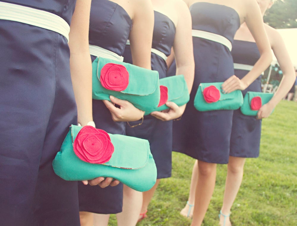 Bridesmaid Clutch Set of 3, Wedding Clutch Purse, Personalized Bridesmaid Gift, Aqua Navy Blue Coral Red, Flower Brooch, Choose Colors