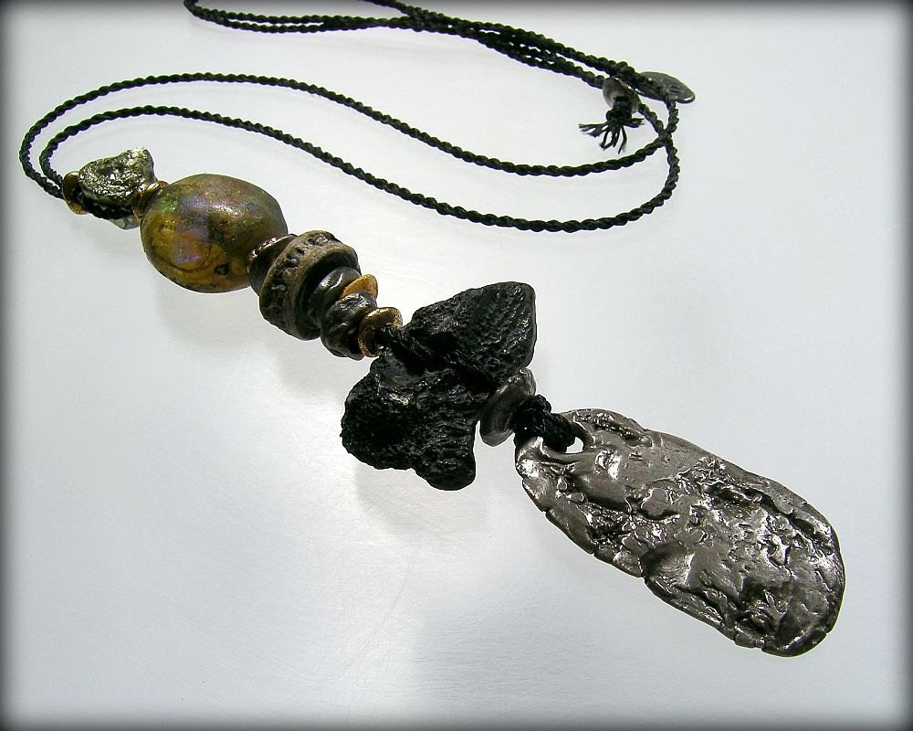 Urban Primitive Monolith Cairn:  Steel, Bronze, Fossilized Bone, Basha Bead, Pyrite