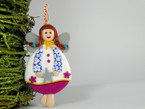 Angel Ornament Decor, Christmas Tree Ornament, Fushia and Blue Angel with Silver Star, Baby Girl Decoration