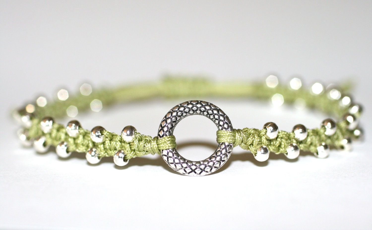 Peridot Green Macrame Silver Beaded Friendship Circle Handmade Bracelet