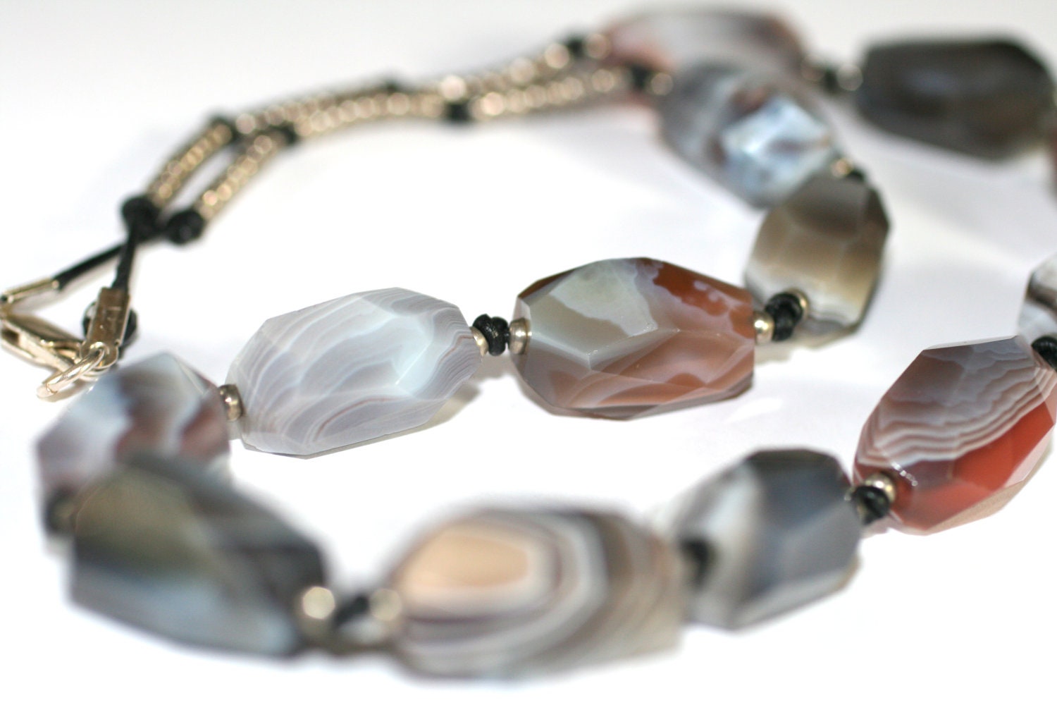 Botswana Agate Gemstone Hand Knotted on Black Leather Cord with Sterling Silver  20 Inches