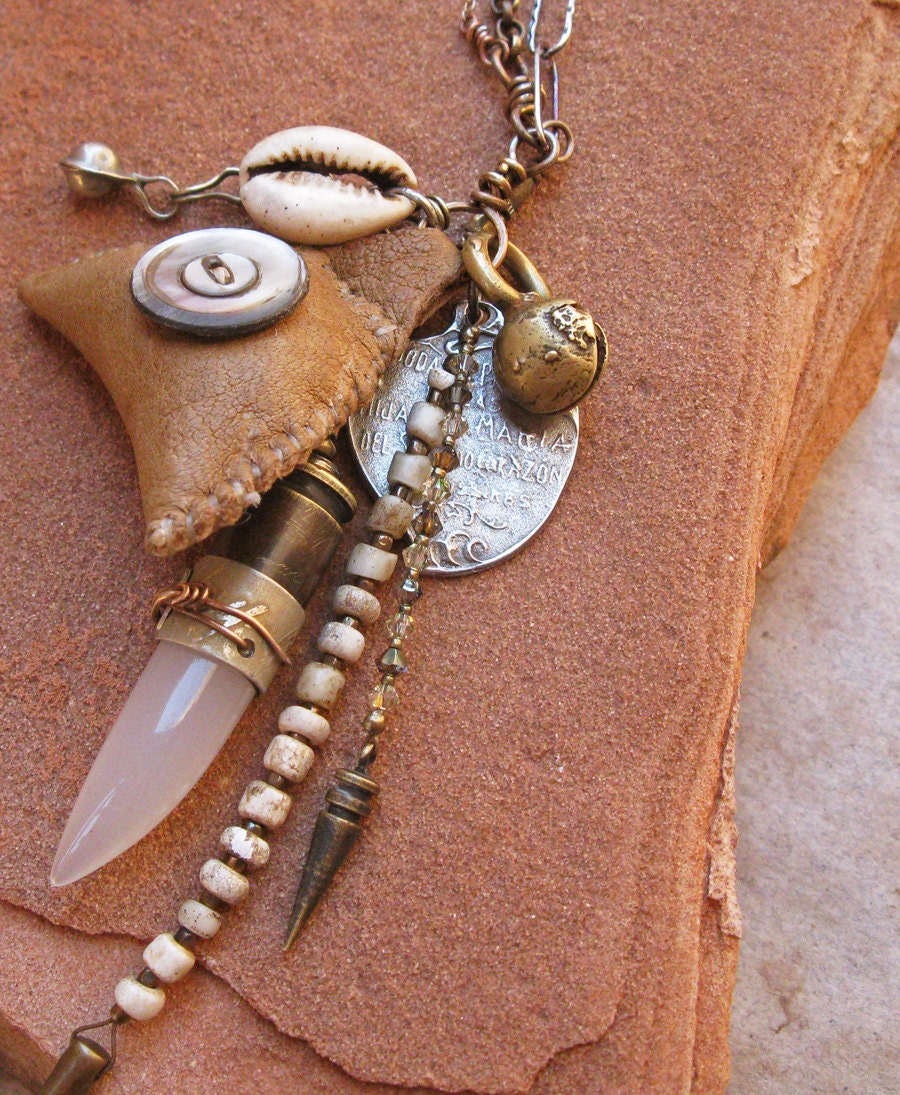SALE Leather Amulet Mixed Media Vintage Assemblage Necklace