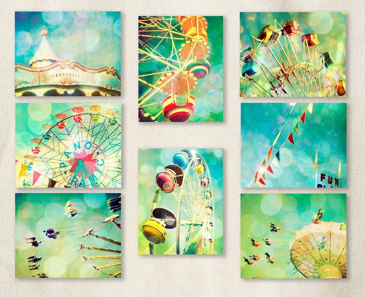 Carnival photography, nursery art, turquoise, ferris wheel, wall art, baby, circus, carousel by bomobob Fun Set 8 8x10 Photos