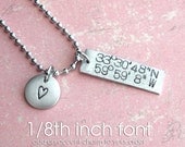 GPS Coordinates Pendant With Chain .Hand Stamped stylish antiqued charm .long rectangle pendant copper, silver or gold .custom lat long