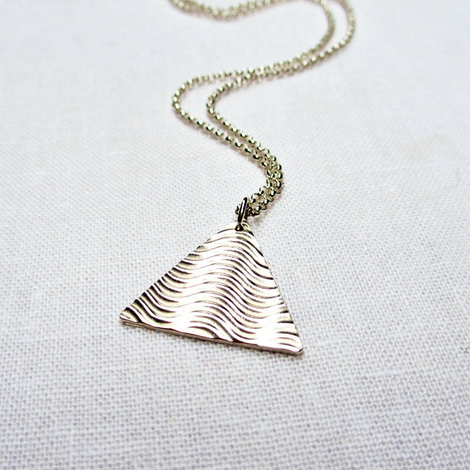 Silver Wave Triangle Necklace - Sterling Silver, Fine Silver, Wavy Print, Pyramid, Geometric, PMC,  Artisan Jewelry - BeadinByTheSea