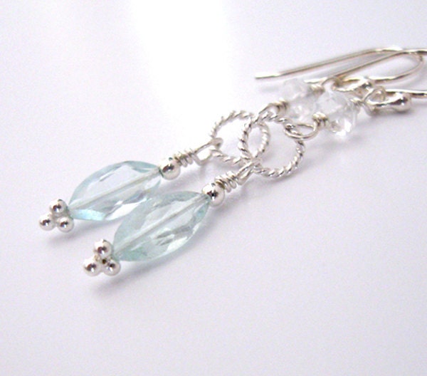 Aquamarine Gemstone Earrings, Marquis Shape, Sterling Silver Dangle