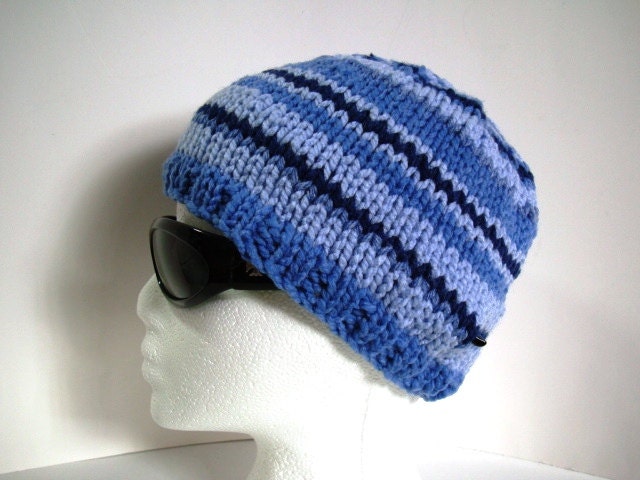 Soft and Cozy Hand Knit Hat in Stripes of Blue Yarn - Buy as a Gift or For Yourself
