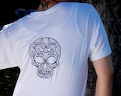 Embroidered White V-Neck Tee - Intricate Skull