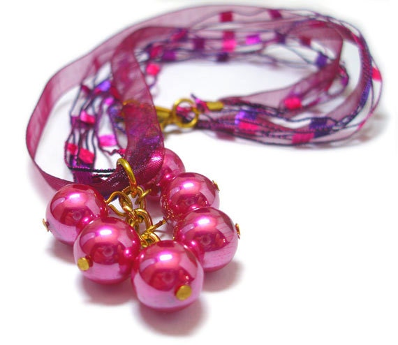Burgundy, Fuchsia, Purple Specialty Fiber and Yarn Necklace, Vintage Pendant Rescue Jewelry