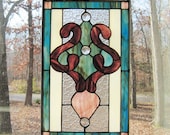 Stained Glass Panel, Victorian in Blue, Rose
