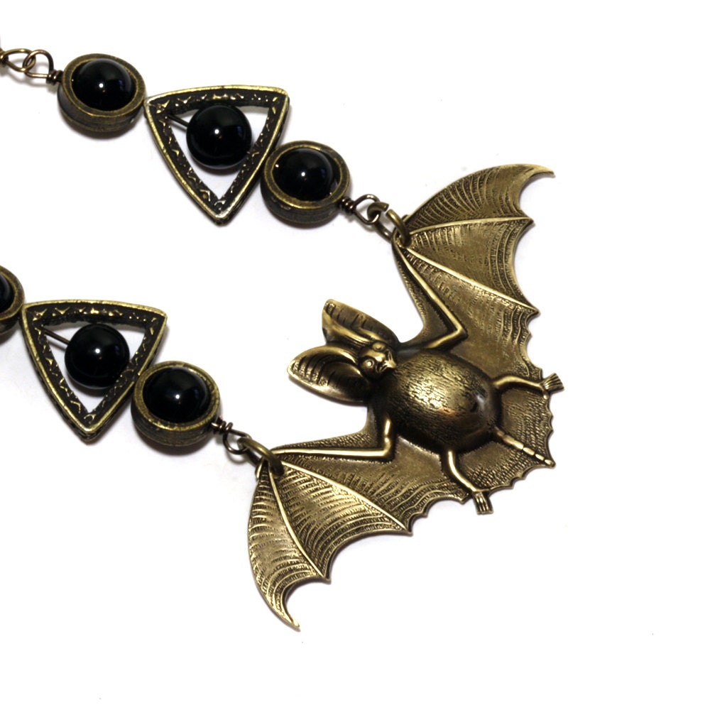 Steampunk goth  Jewelry - Necklace - Brass Bat - Designs Exclusively by CatherinetteRings