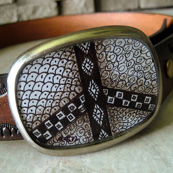womens mens belt buckle  peace sign, black and white, zentangle inspired