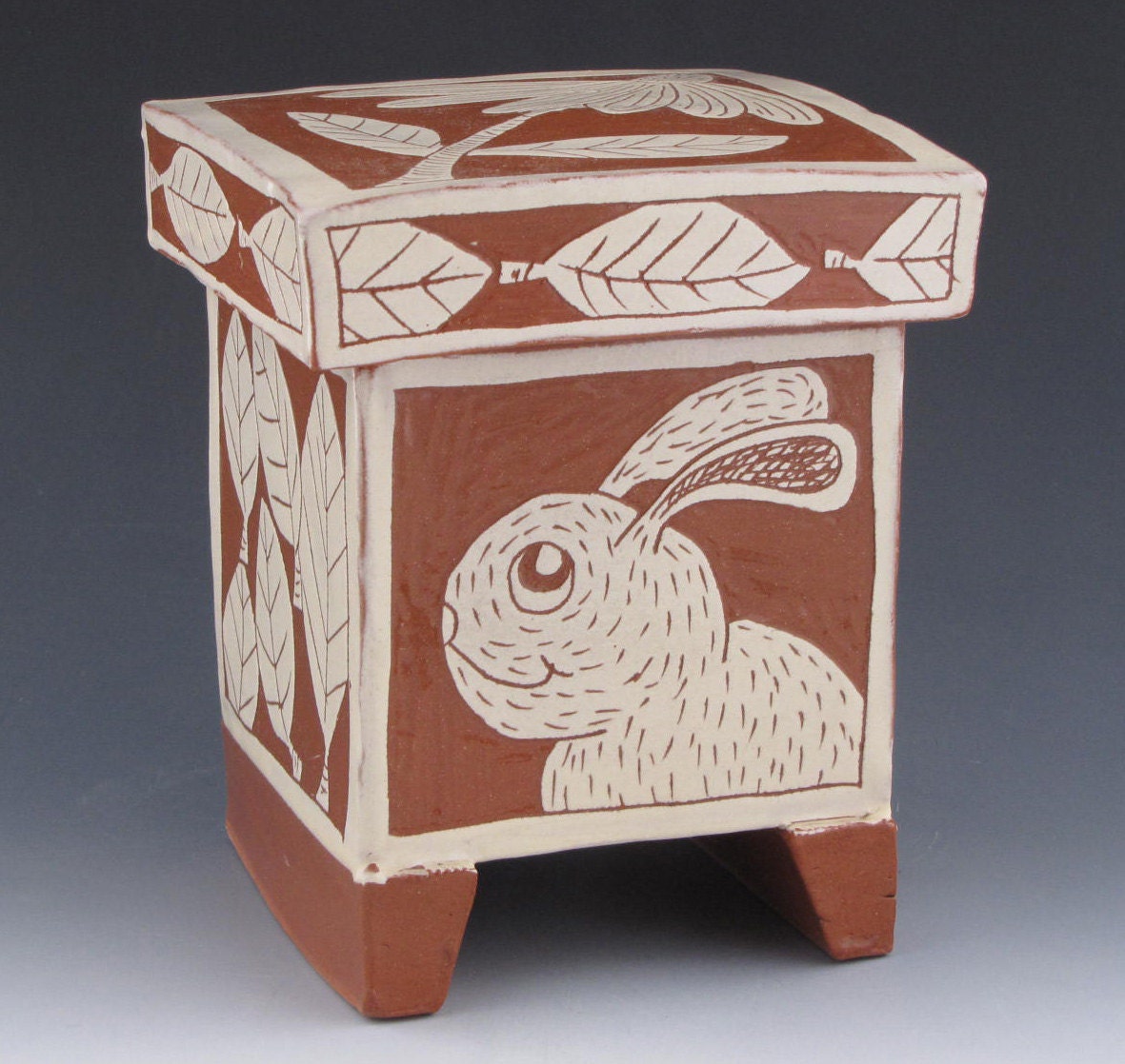 Lidded Box with Rabbit, Owl, Goat, Leaves, and Cone Flower -DK