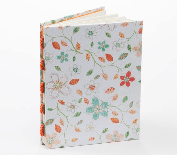 Orange and green journal, notebook, beaded journal, gift under 15