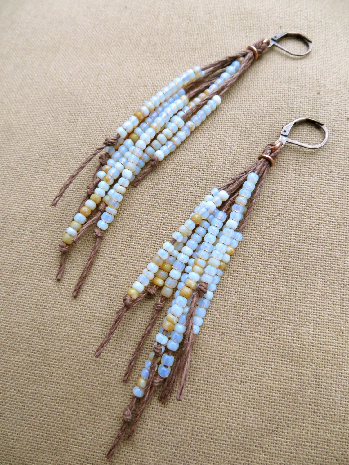 Vegan Feather Hemp Natural Earrings - Copper and Glass - Hippie Bohemian